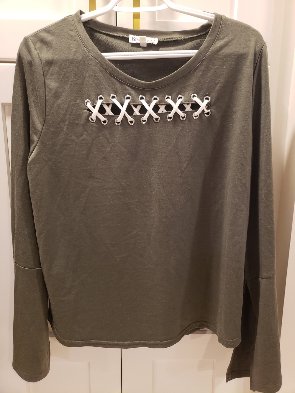 Blu Pepper Olive Long Sleeve Top with White Lace-Up Detail,  Size XL